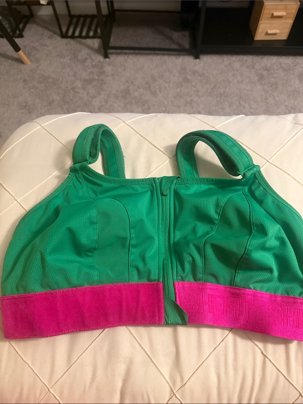 SHEFITGreen and Pink ultimate support Front-Zip Sports Bra